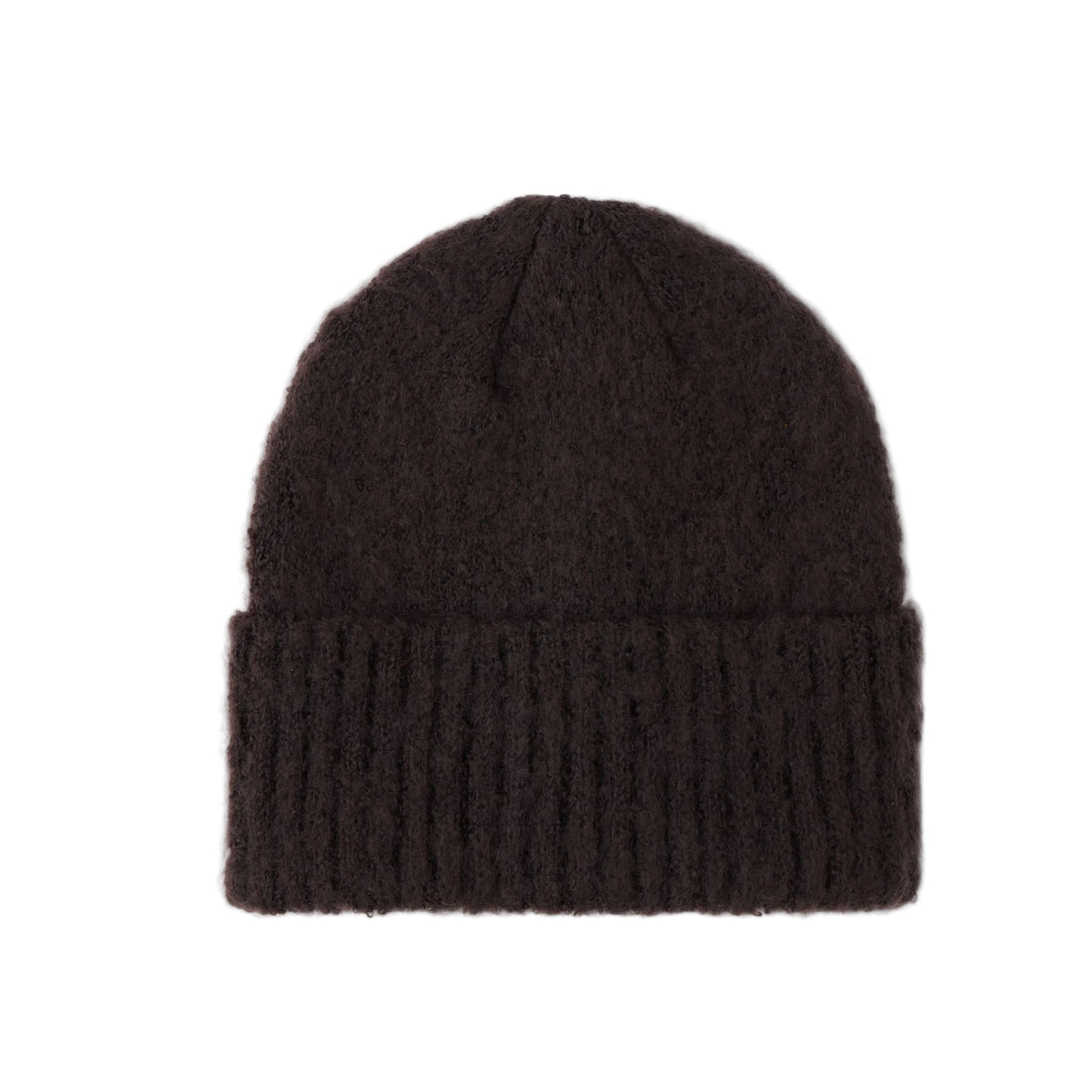 A dark brown ribbed knit beanie hat centered on a plain white background.