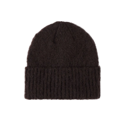 A dark brown ribbed knit beanie hat centered on a plain white background.