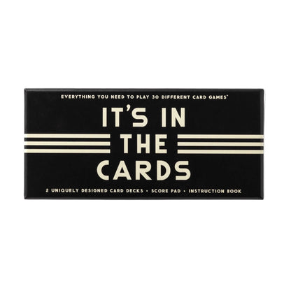 It’s in the Cards game set with 2 unique playing card decks, instruction book, scorepad, and a pencil for 30+ games.