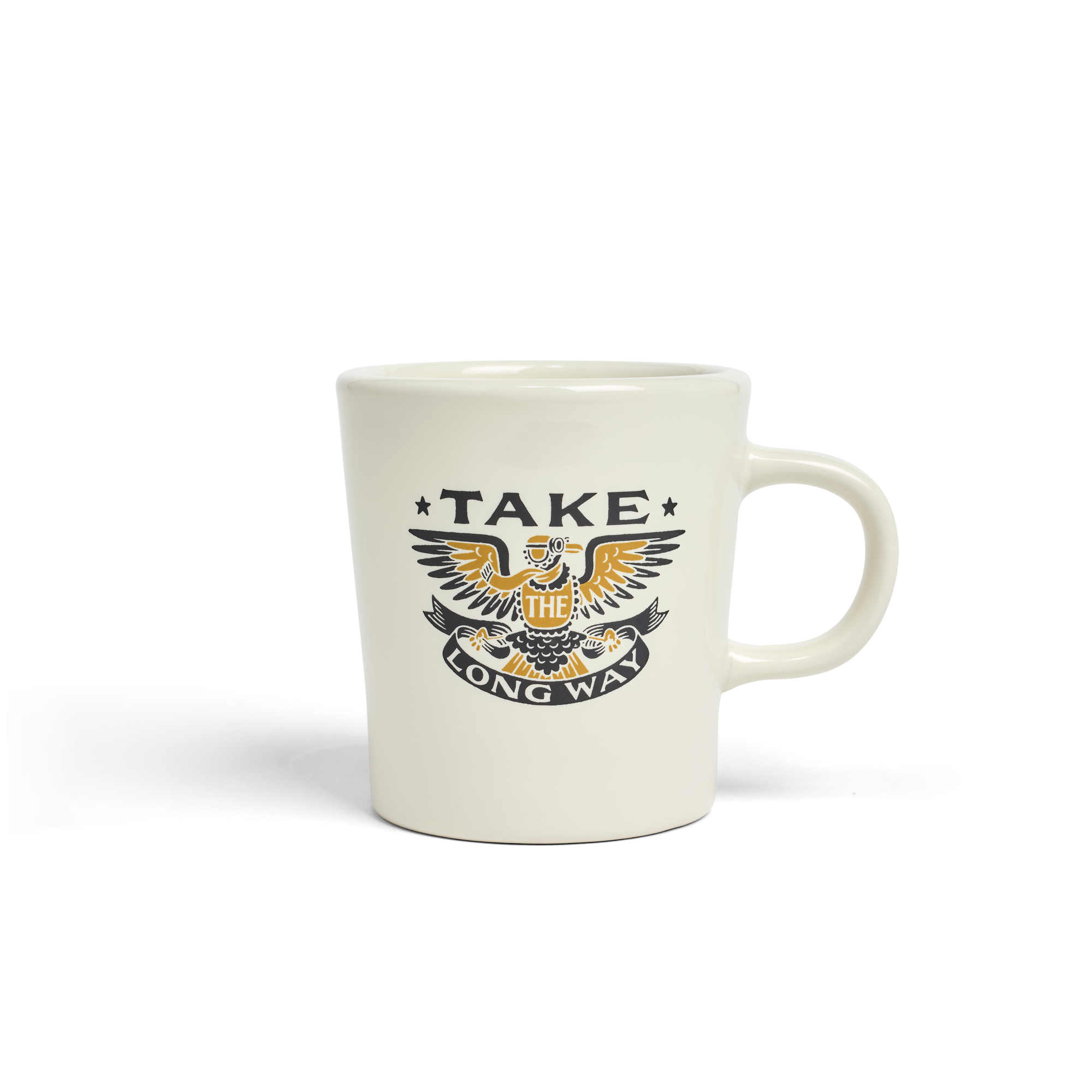 Natural ceramic mug with 'Take The Long Way' text, 9oz size, perfect for coffee, tea, or daily kitchen use.