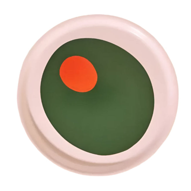 Sustainably made round serving tray with green pimento olive design, perfect for appetizers or barware décor.
