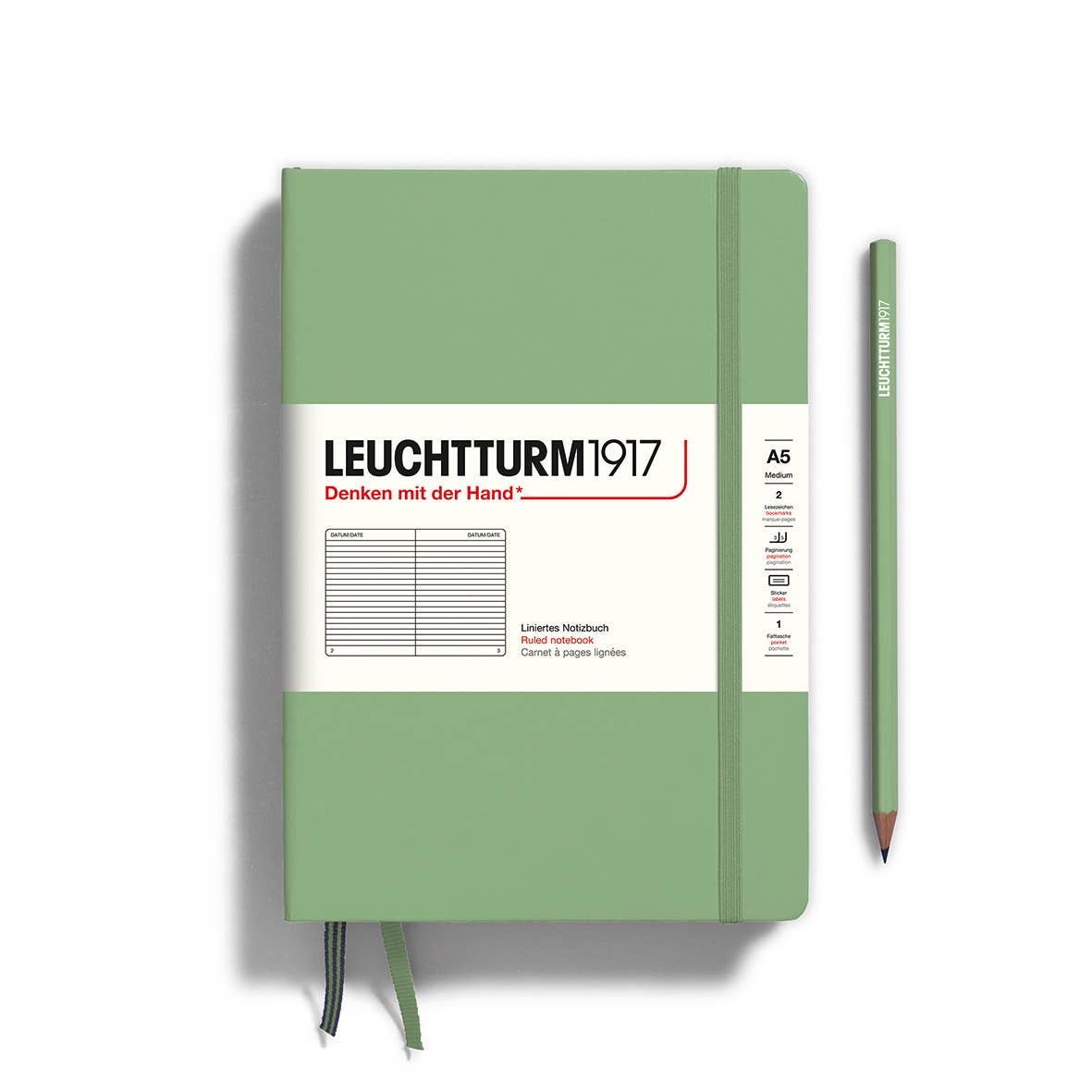 Hardcover 251 page notebook in a soft sage color. Very functional design inside and out. 