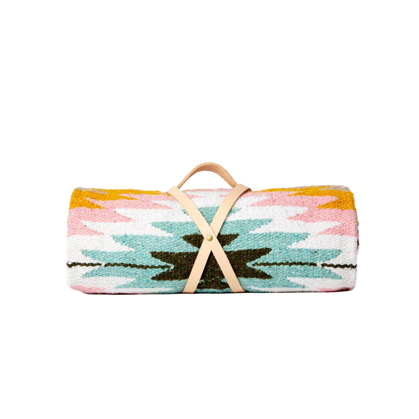 Handwoven throw blanket with a gold, pink and green design, soft cotton-acrylic blend, perfect for catching sunsets with friends. 