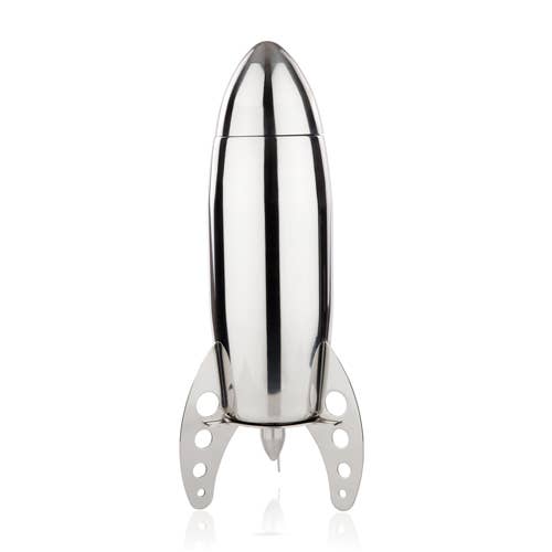 24oz stainless steel rocket cocktail shaker with stand, space-themed barware for stylish and playful drink mixing.