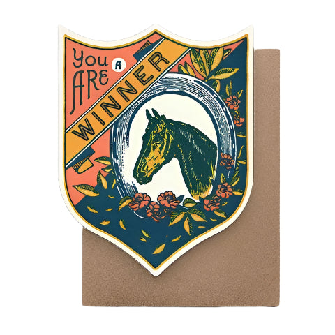 A take on the classic championship picture of a horse after a race surrounded by flowers, "You are a winner" banner at the top. perfect for celebrations