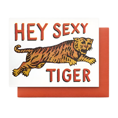 A vintage tiger image with the phrase Hey Sexy Tiger on the card, blank inside. Perfect for anniversaries, birthday or Get well soon.