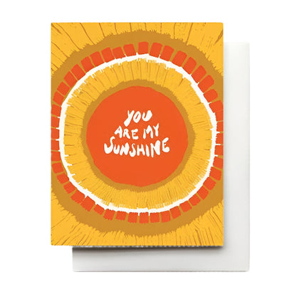 Vibrant and bright yellow and orange sun design with "you are my sunshine", blank inside, great for anniversaries or birthdays.