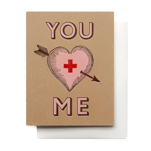 An anniversary or just because card with arrow pierced heart and the classic You + Me, blank inside.