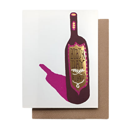 A fun celebratory card with a bottle of wine labeled "Birthday Bubbles" blank inside