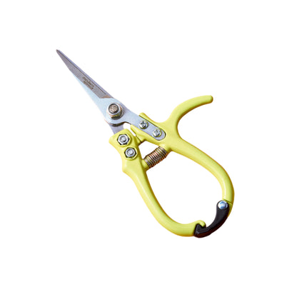 Chartreuse garden pruning shears with easy hold handle, high-carbon steel blades, needle-nose tip, with a holster included.