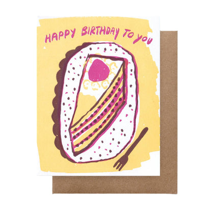 A fun birthday card that has a big slice of yellow and pink cake under a sweet birthday message. Blank inside. 