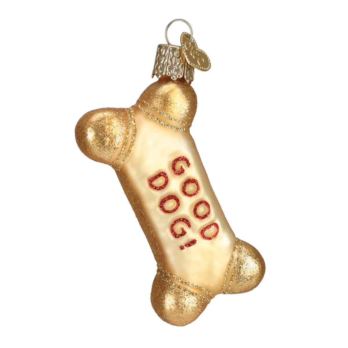 A bone-shaped Christmas ornament with a metallic gold glitter finish and the word 'DOG GOOD!' written in red glitter on the center, shown on a plain white background.