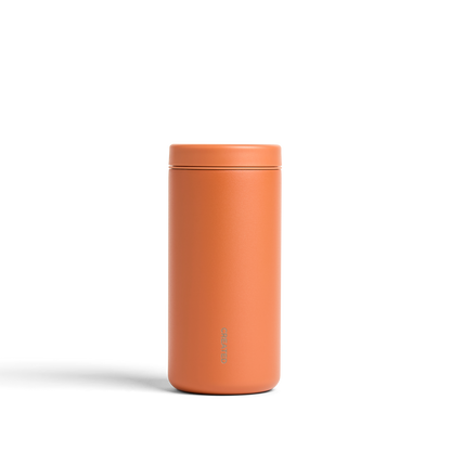 Terracotta 12oz Nomad tumbler with 360° sip lid, leakproof twist seal, great for commuting, office, or daily coffee.
