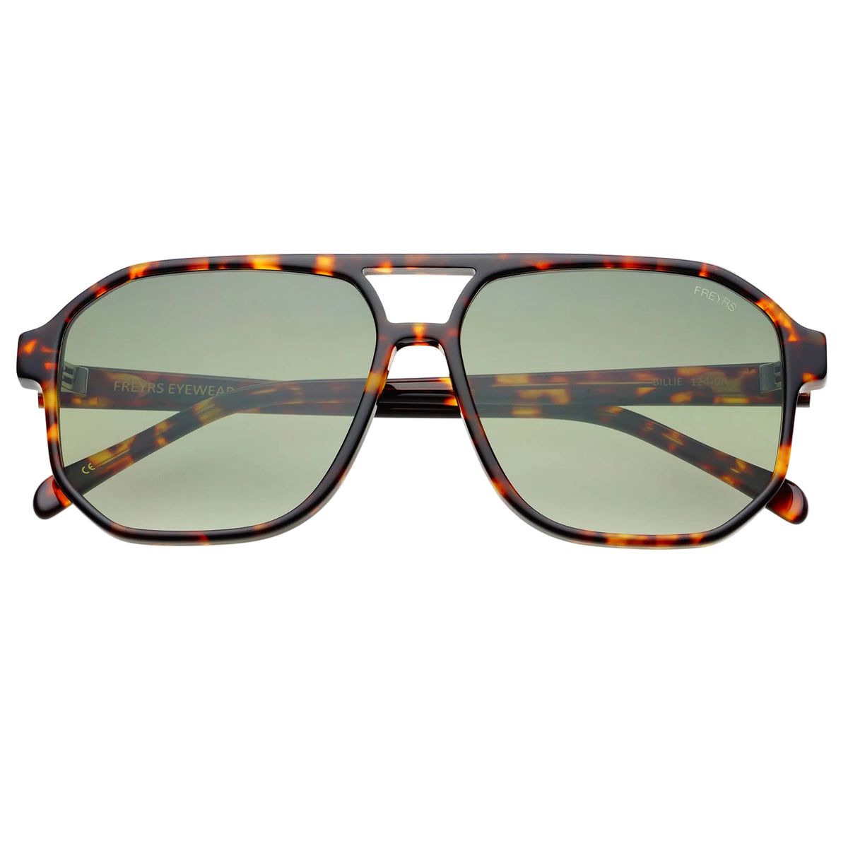 Sunglasses with tortoiseshell frame and green lenses on a white background