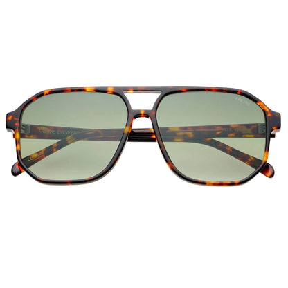 Sunglasses with tortoiseshell frame and green lenses on a white background