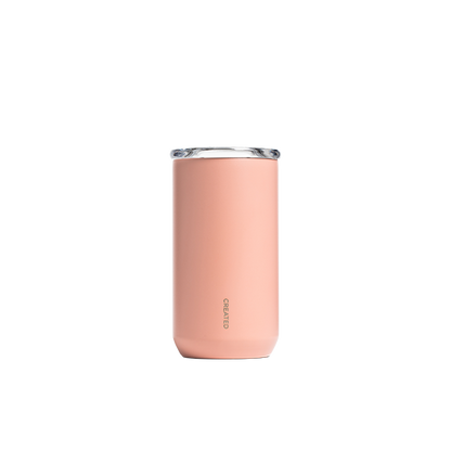 Reusable tumbler in eraser pink, 12oz insulated design for daily use, perfect for coffee, tea, or on-the-go drinks.