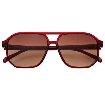Red sunglasses with brown lenses on a white background