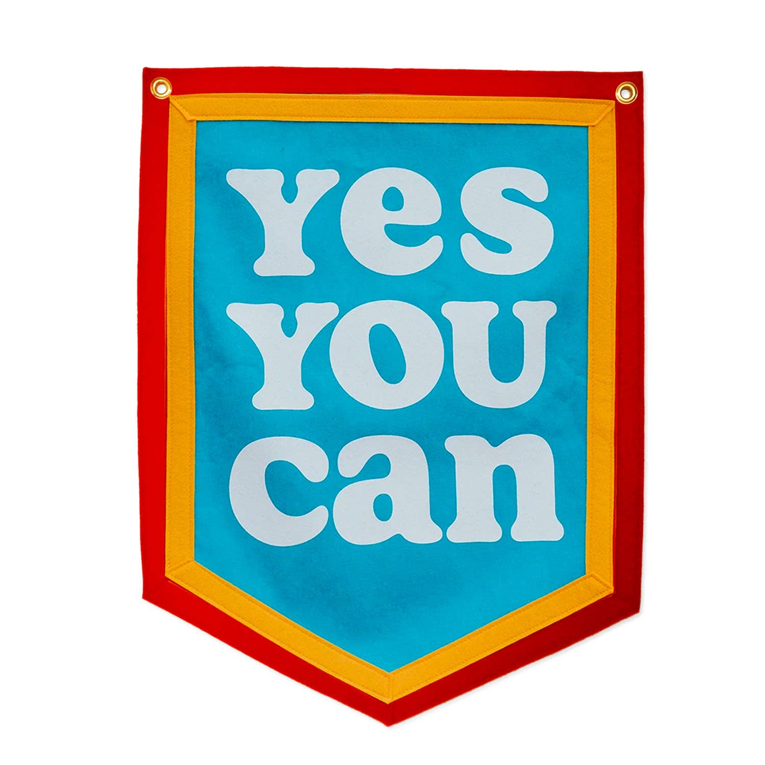 Blue banner with red and yellow boarder. "Yes You Can" written in white letters in the middle 