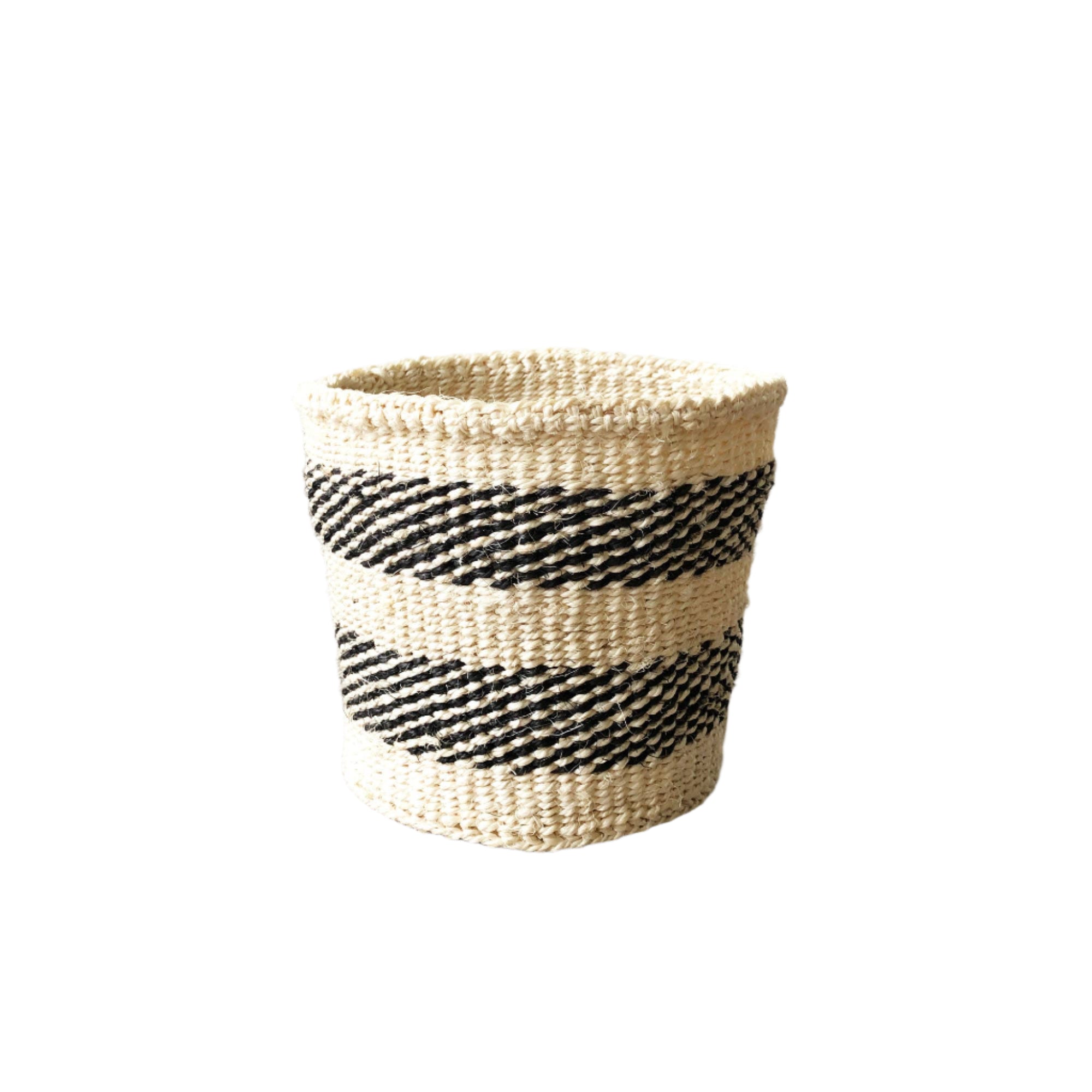 Handwoven and hand dyed Kenyan sisal basket, extra small, white with two black stripes, perfect for plants, storage, or decor.