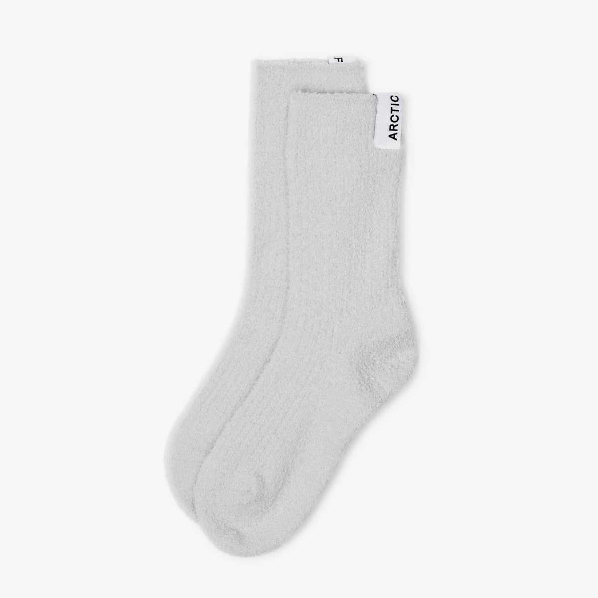 A pair of light gray ribbed crew socks with a small white brand tag reading 'ARCTIC' on the side, shown against a plain white background.