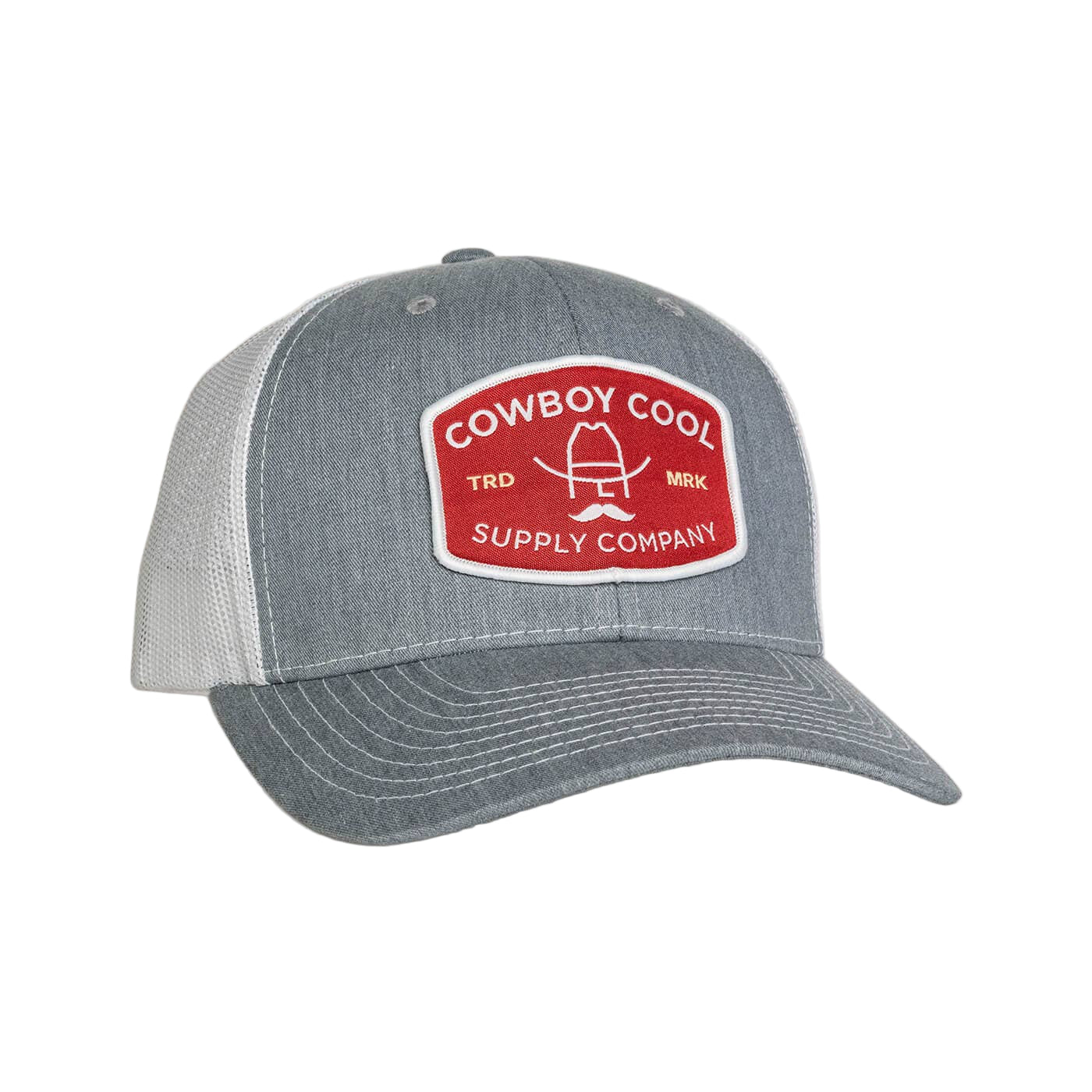 Vintage corduroy navy hat with red rodeo belt buckle patch reading 'Cowboy Cool' and cowboy face outline.