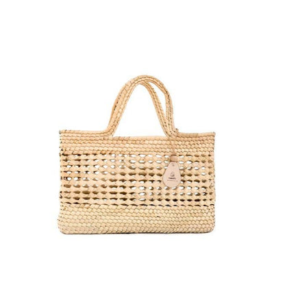 Square woven palm fiber basket with flat bottom and sturdy handles, a structured tote that stands upright on its own. Perfect for Farmers Market runs