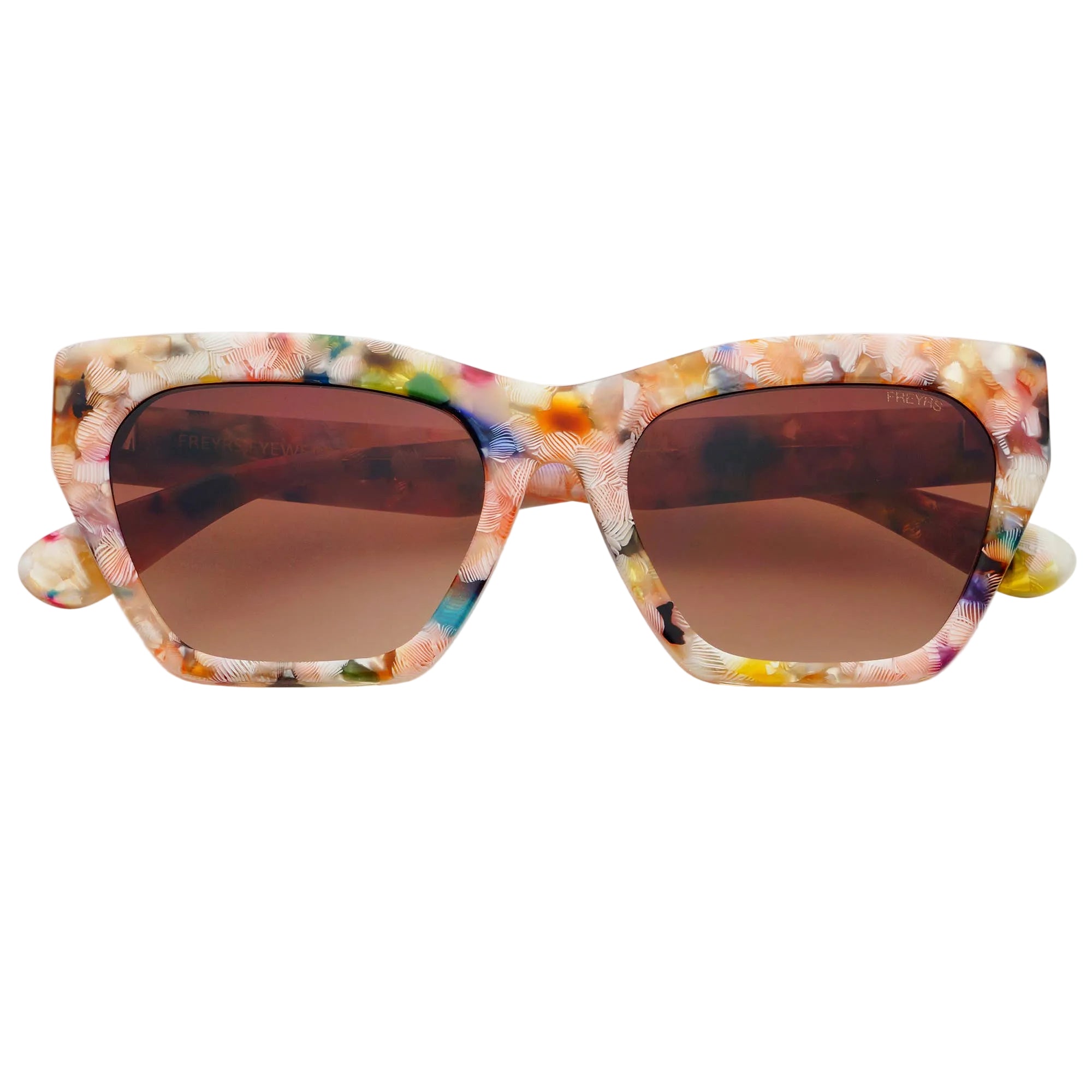 Multicolored sunglasses with brown lenses on a white background