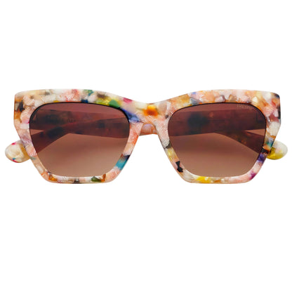 Multicolored sunglasses with brown lenses on a white background