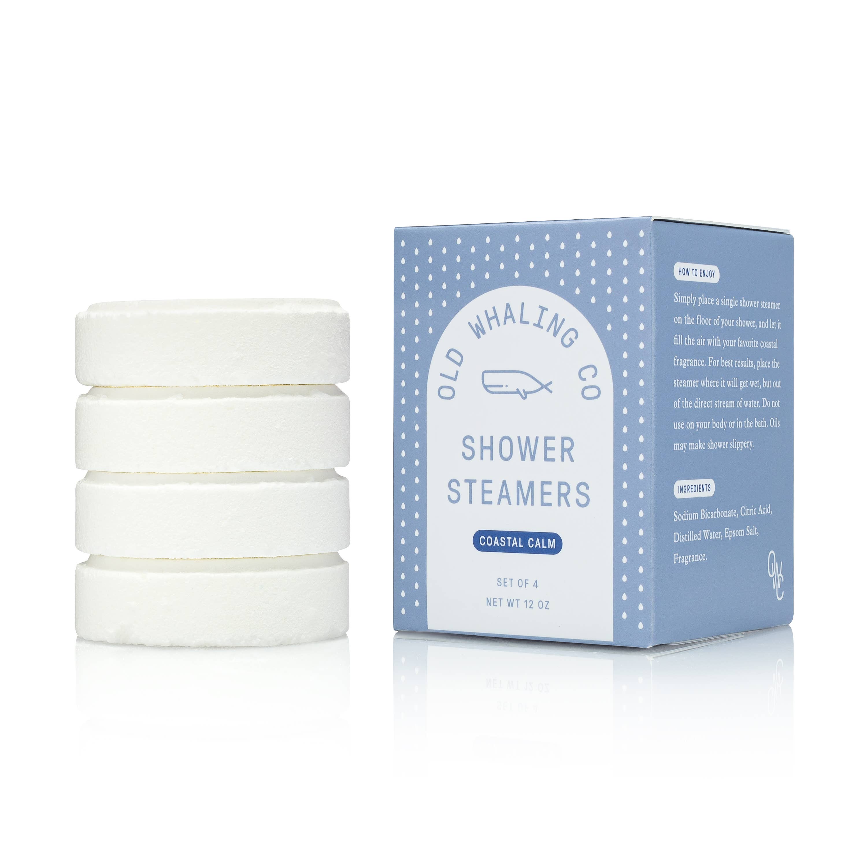 Set of four 3oz steamers, fizz and release spa like aromas into the shower. Scented like coastal ocean breeze.