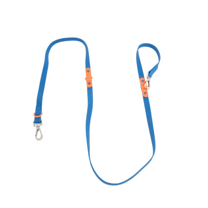 Two-tone waterproof dog leash in blue with bright red accents, adjustable and durable for hands-free walks.