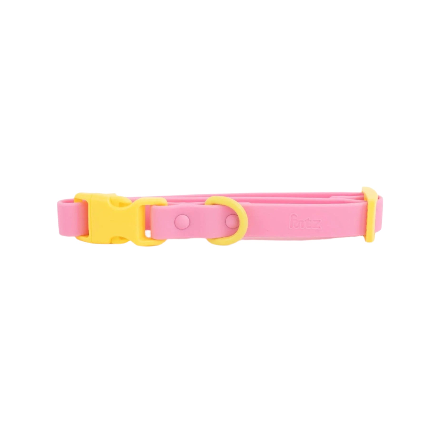 Pink waterproof dog collar with yellow accents, adjustable fit for small breeds, durable buckle for secure everyday wear