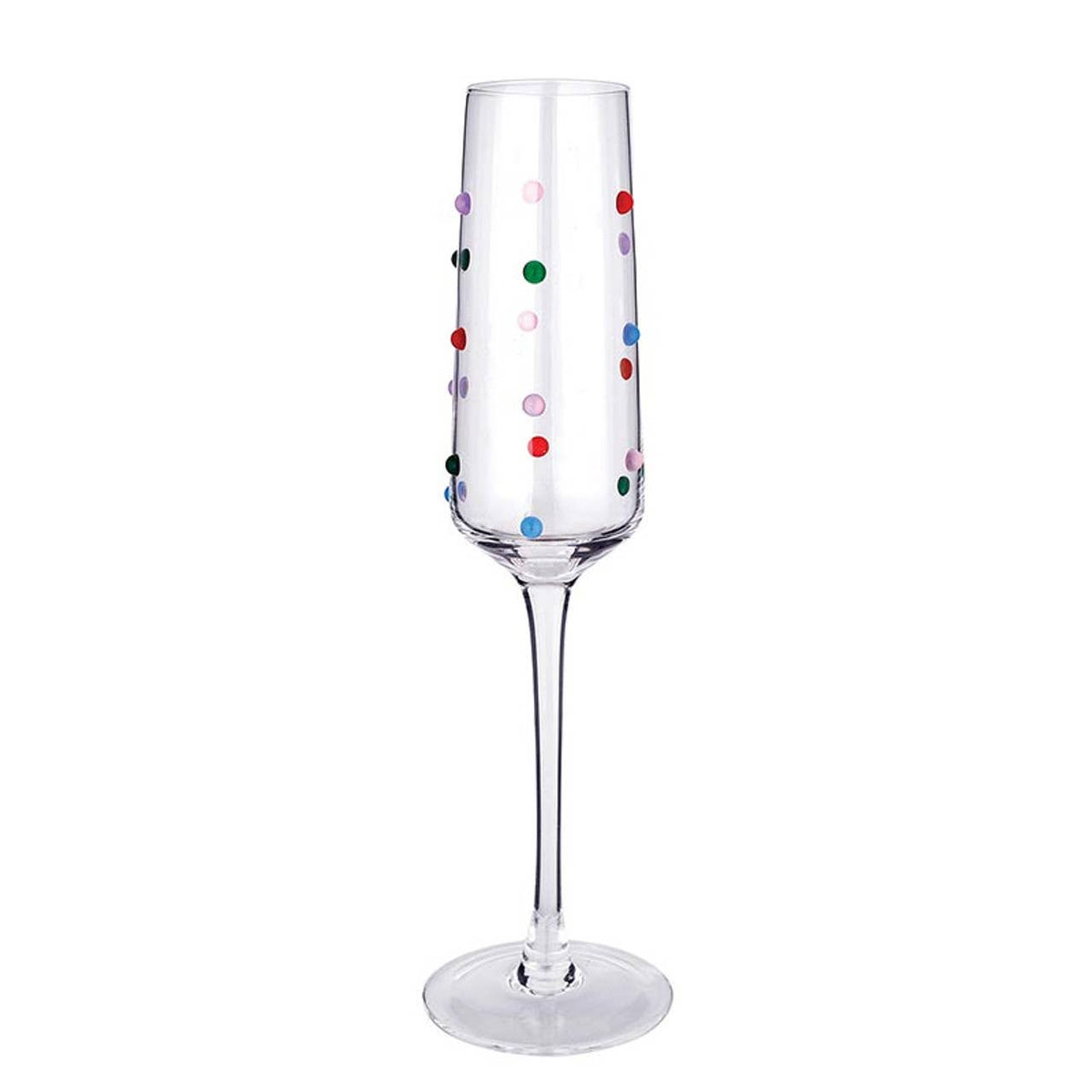 A clear glass champagne flute decorated with small, colorful polka dots in red, green, pink, blue, and purple, shown against a plain white background.
