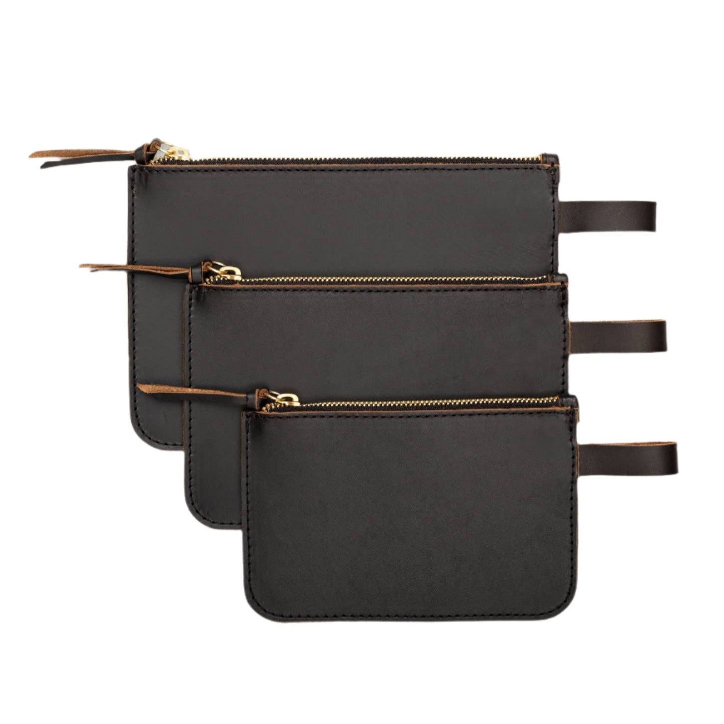 Black Leather Zip Pouches Set