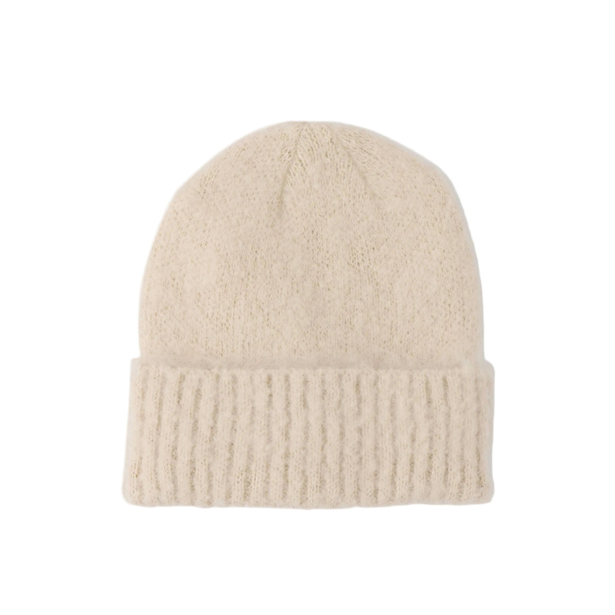 A light beige knit beanie hat with a ribbed cuff, shown flat against a solid white background.