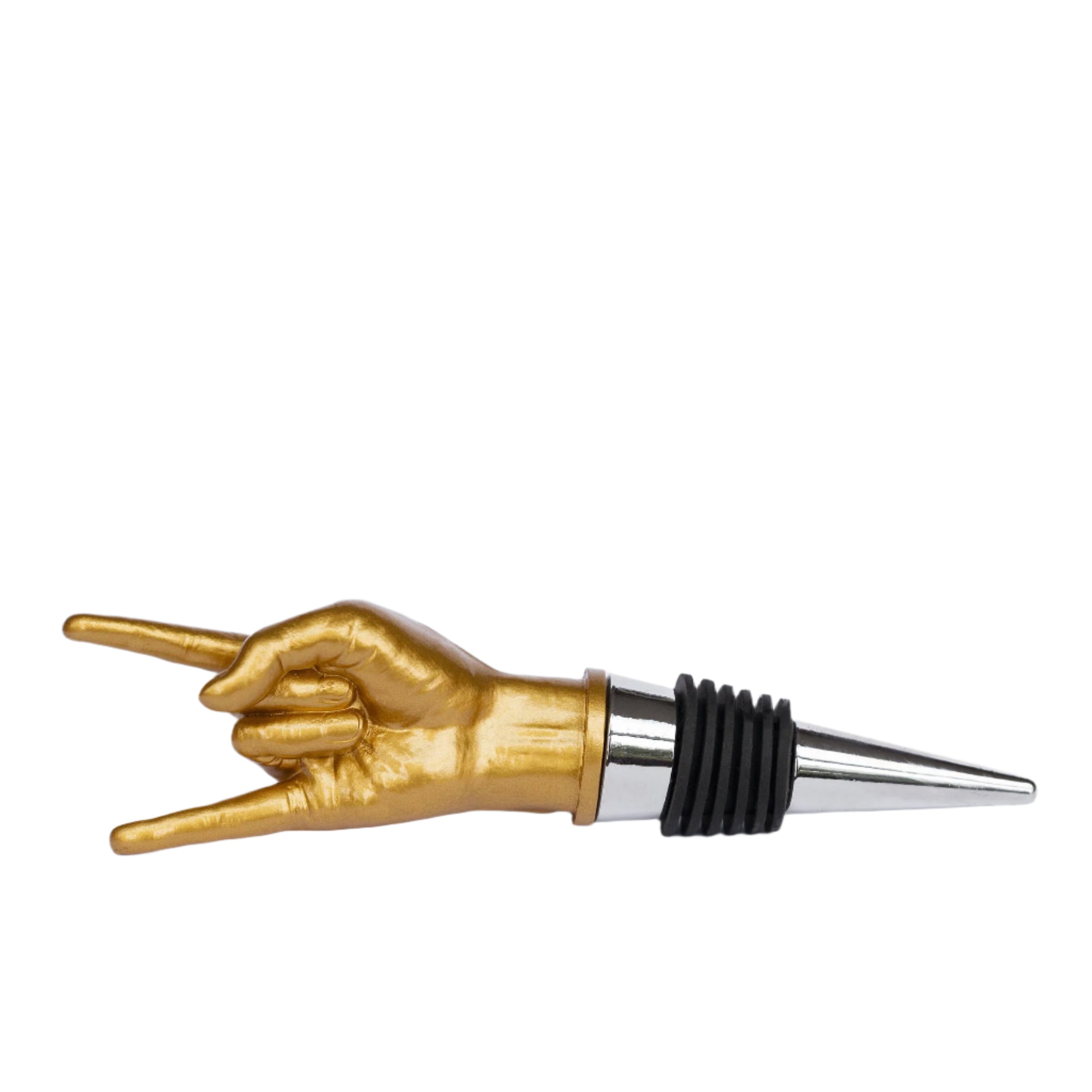 Gold metallic 'rock on' hand bottle stopper, fun and edgy wine accessory that keeps bottles fresh with bold style.