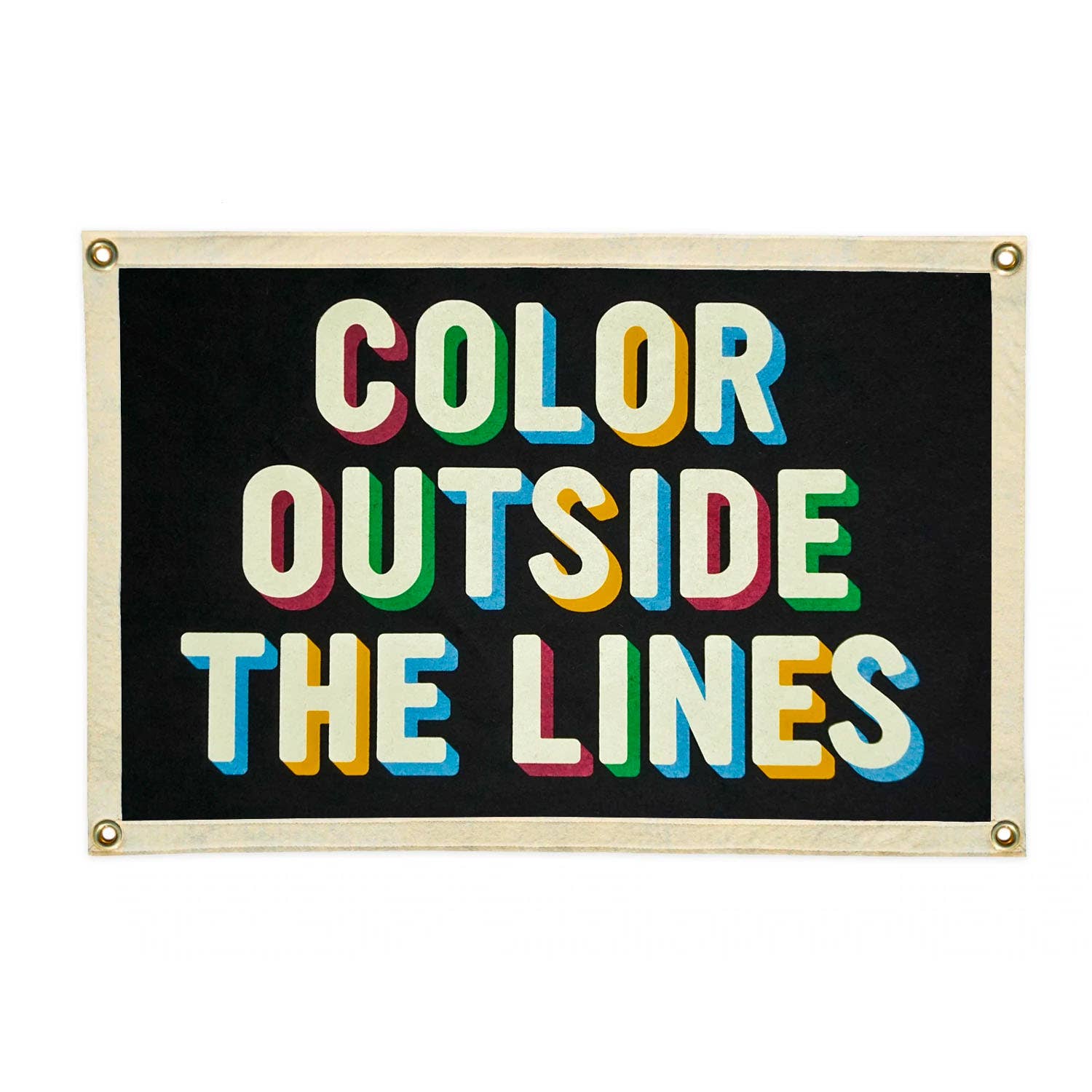 Black felt banner with cream trim, "Color Outside the Lines" in bold cream  lettering with colorful boarders on each letter.