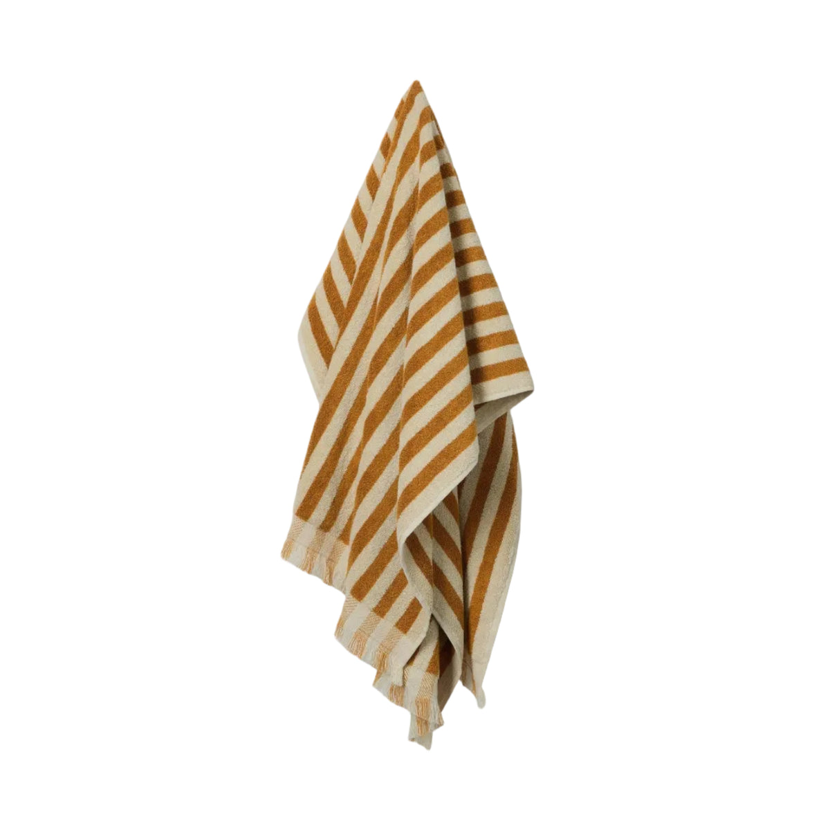Striped towel with yellow and natural pattern on a white background