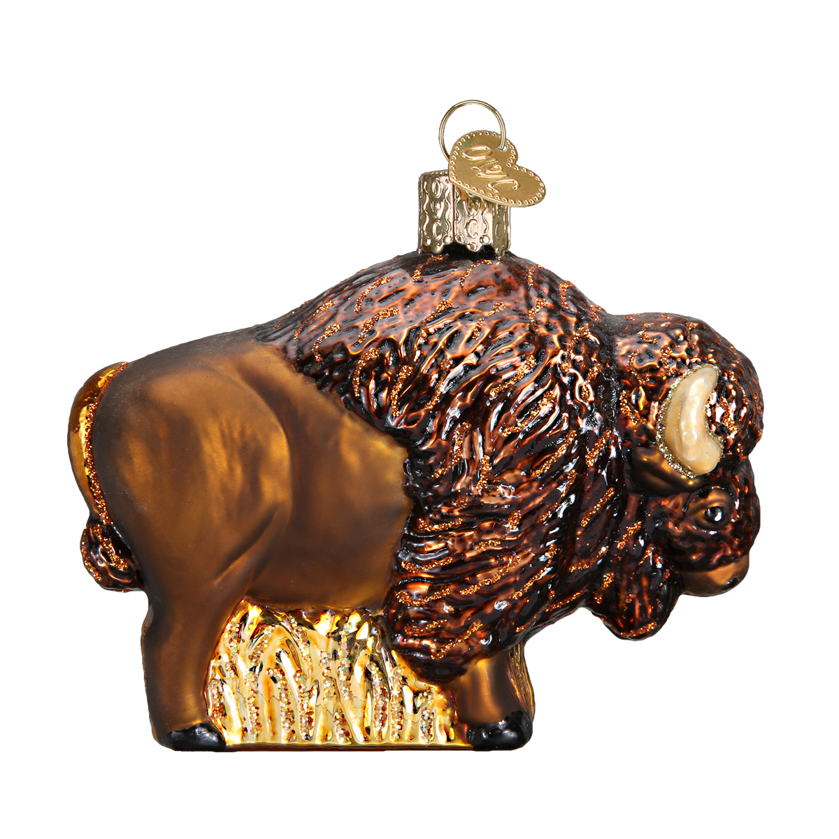 Glass ornament of a bison on a white background