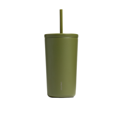 Olive green 16oz Cold Cup with twist lid and reusable straw, BPA-free and no-sweat finish. Keep your drinks cold or hot.