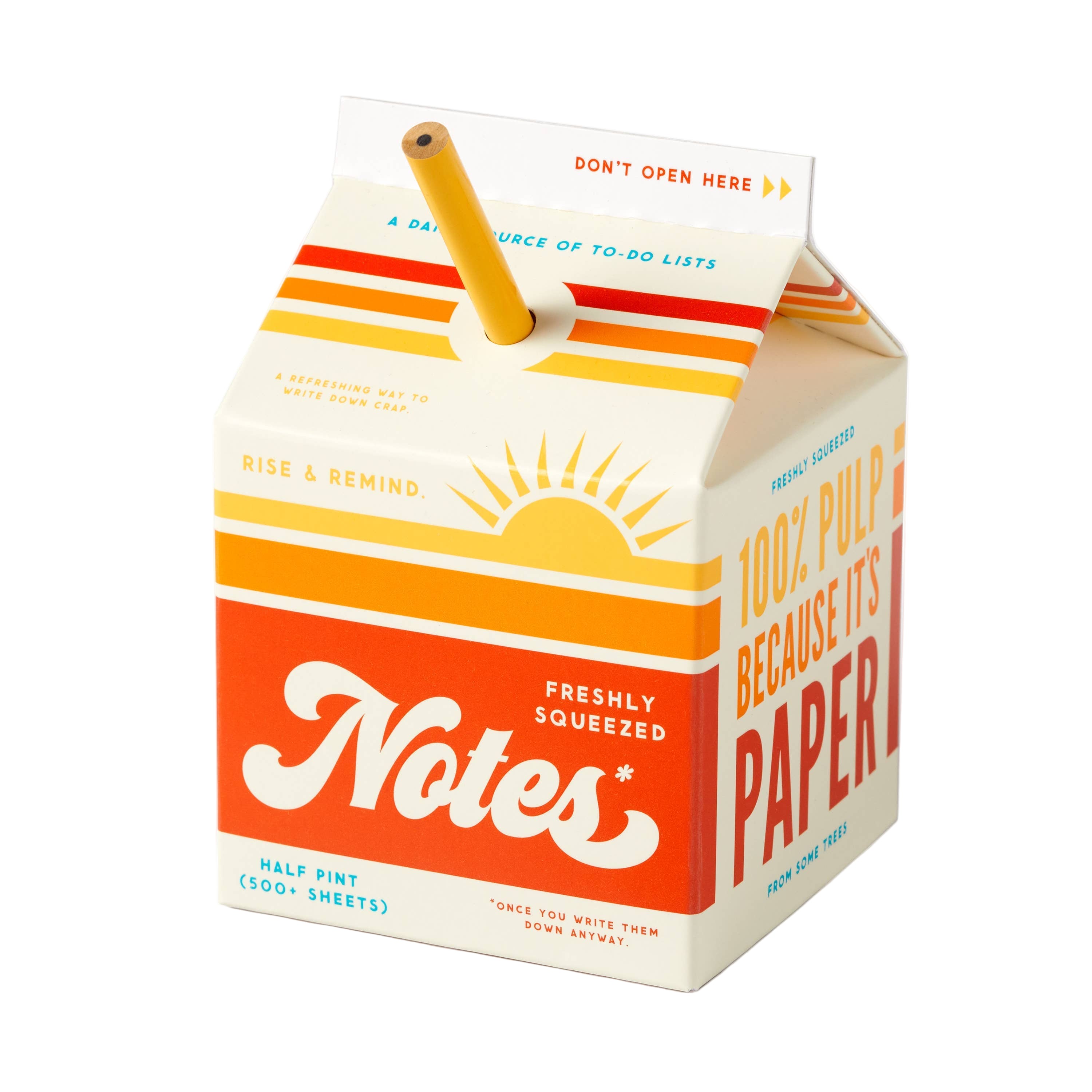 A fun notepad designed to look like a classic carton of orange juice, with a pencil as the straw. Playful desk or school decor. 