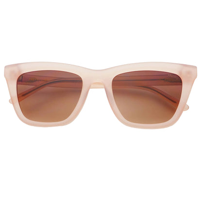 Sunglasses with pink frame and brown lenses on a white background