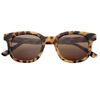 Tortoiseshell sunglasses with brown lenses on a white background