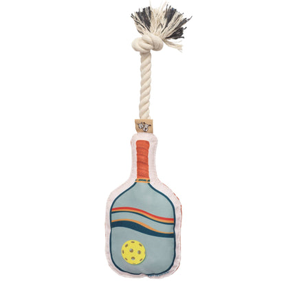 Sturdy rope dog toy with an illustrated pickleball paddle on canvas