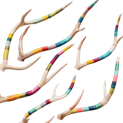 Medium naturally shed deer antler wrapped in wool and painted copper,placed for sculptural display or comes with leather hanging strap for wall art.