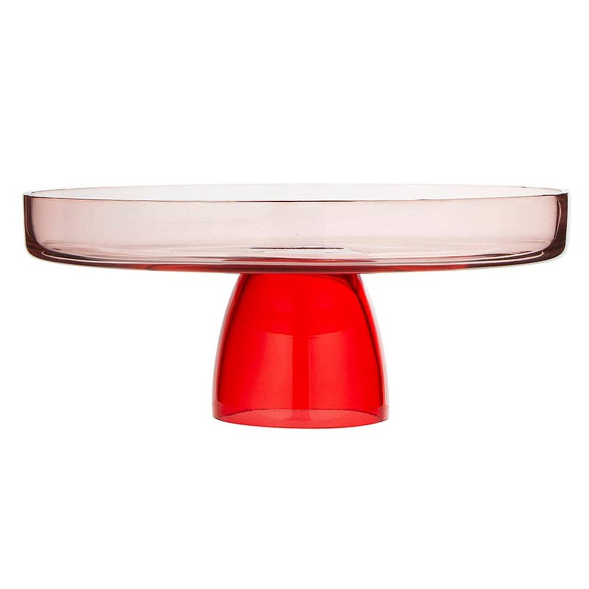 A modern pedestal table or cake stand made of translucent acrylic, featuring a wide, shallow round top in a pale pinkish-tinted clear material and a tapered base in bright red.