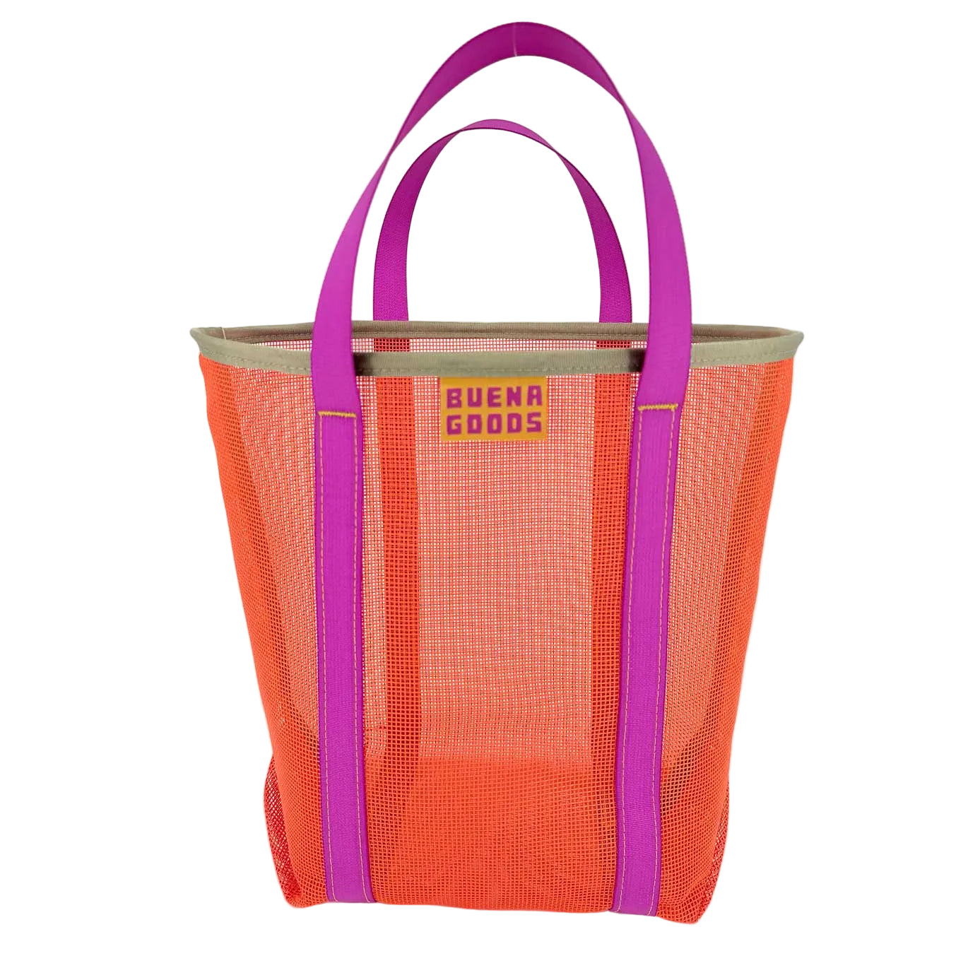 Orange mesh tote bag with purple handles and trim on a white background