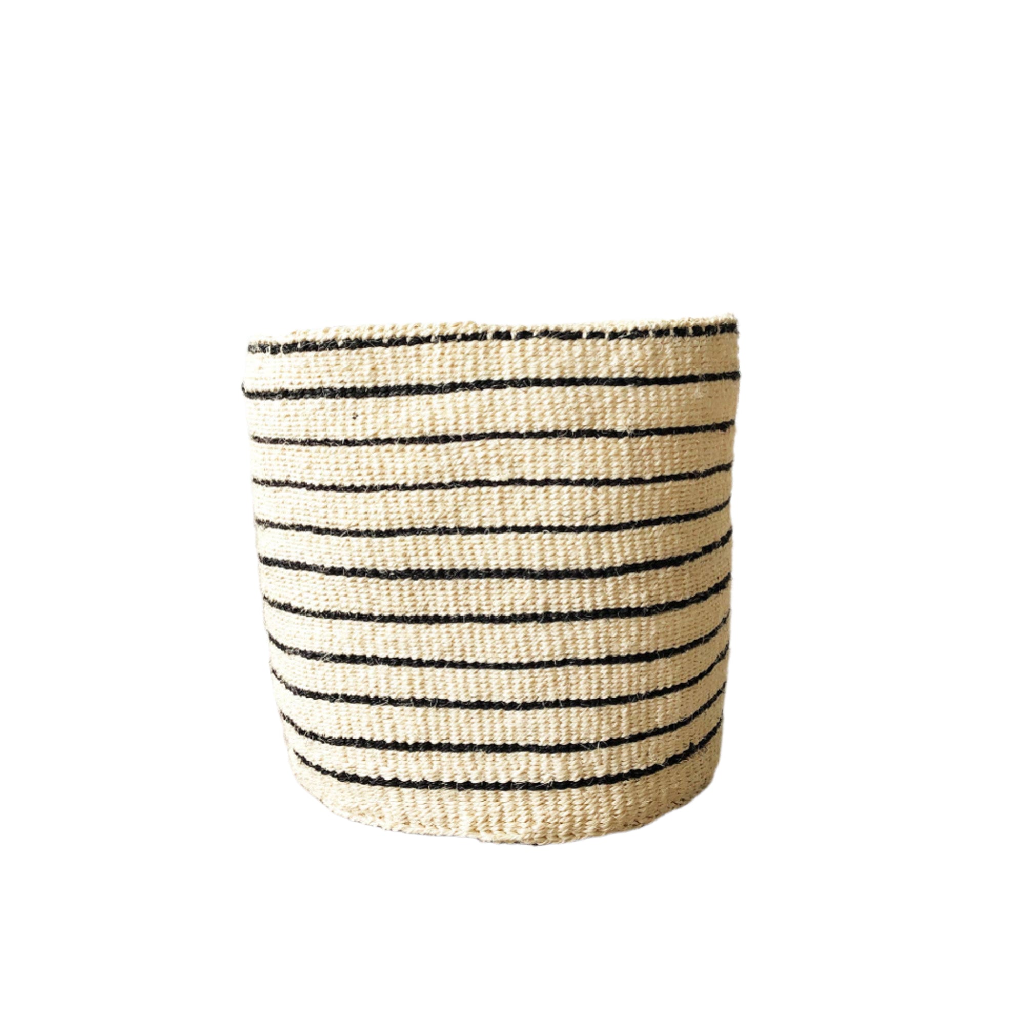 Handwoven and hand dyed Kenyan sisal basket, large size, white with two black stripes, perfect for plants, or hand towels.