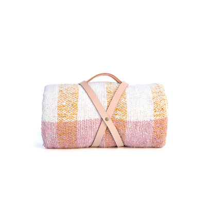 Handwoven yellow & pink striped throw blanket 79x51 inches, soft cotton-acrylic blend perfect for picnics.