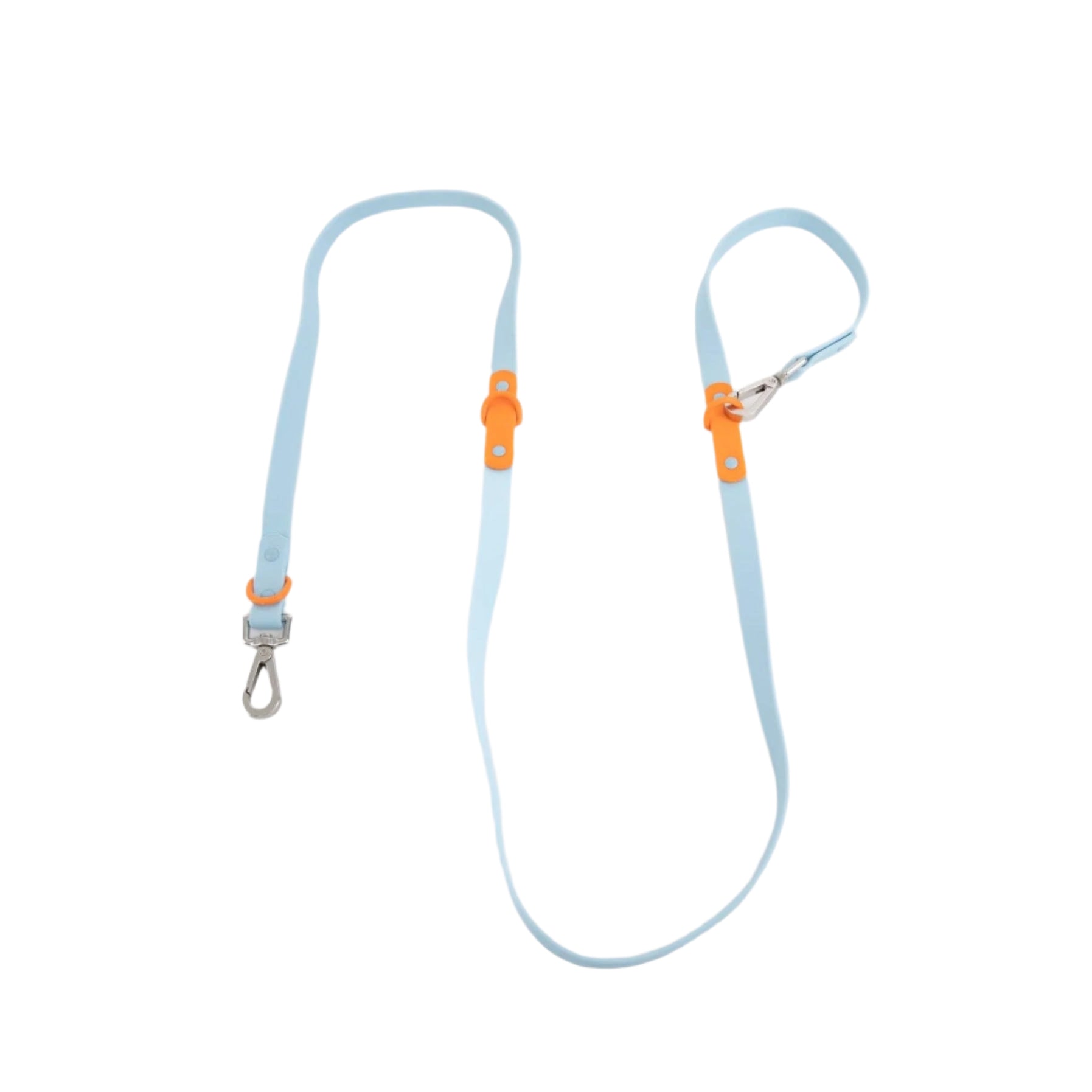 Two-tone waterproof dog leash in blue with orange accents, adjustable and durable for hands-free walks.