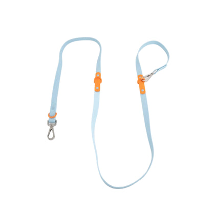 Two-tone waterproof dog leash in blue with orange accents, adjustable and durable for hands-free walks.